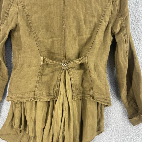 Free People Jacket Womens XS Brown Linen Ruffle Hem Double Breasted Boho Blazer - Picture 15 of 16
